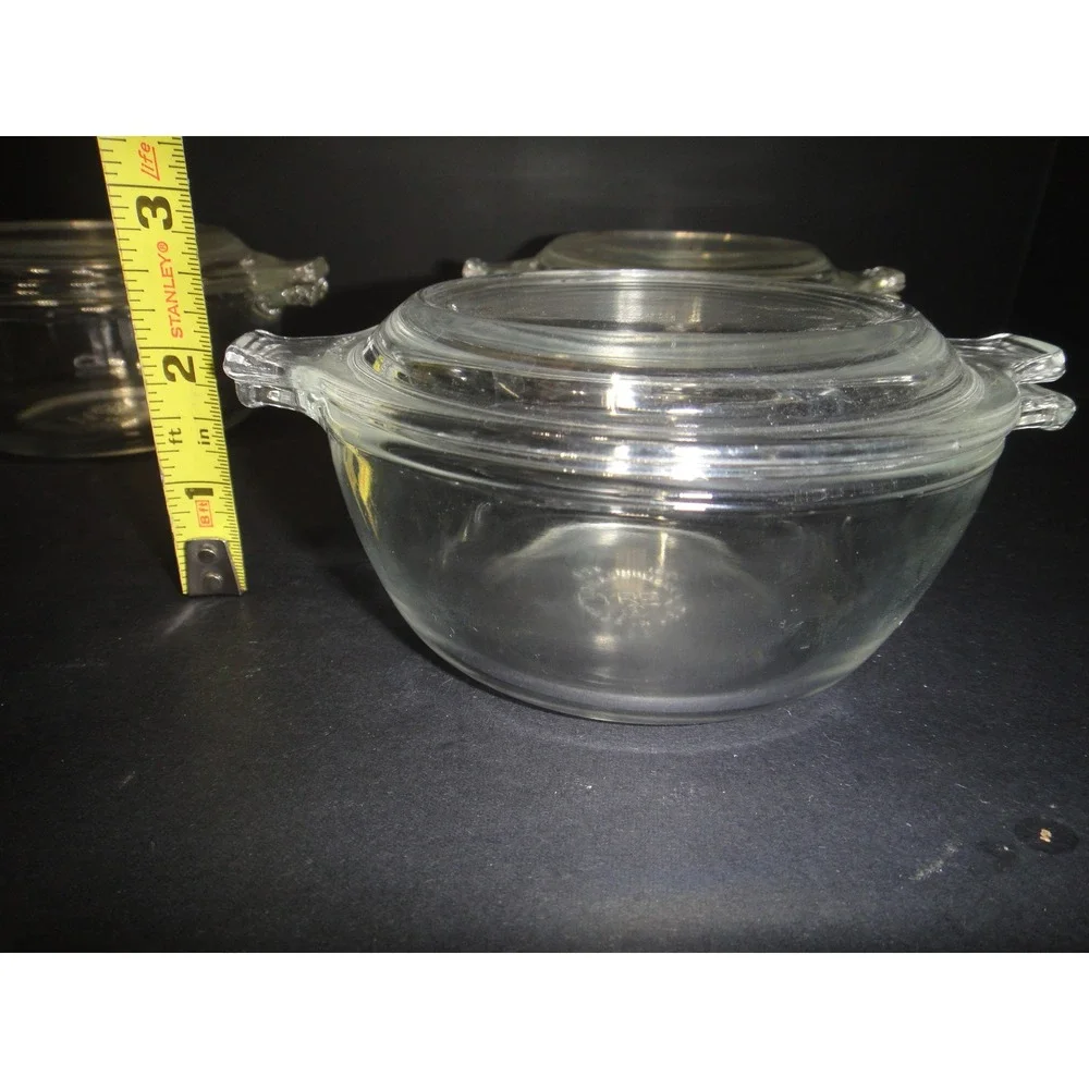 Vintage Pyrex #018 Originals Clear Glass 10 oz Casserole Dishes w/ Lids Set of 3